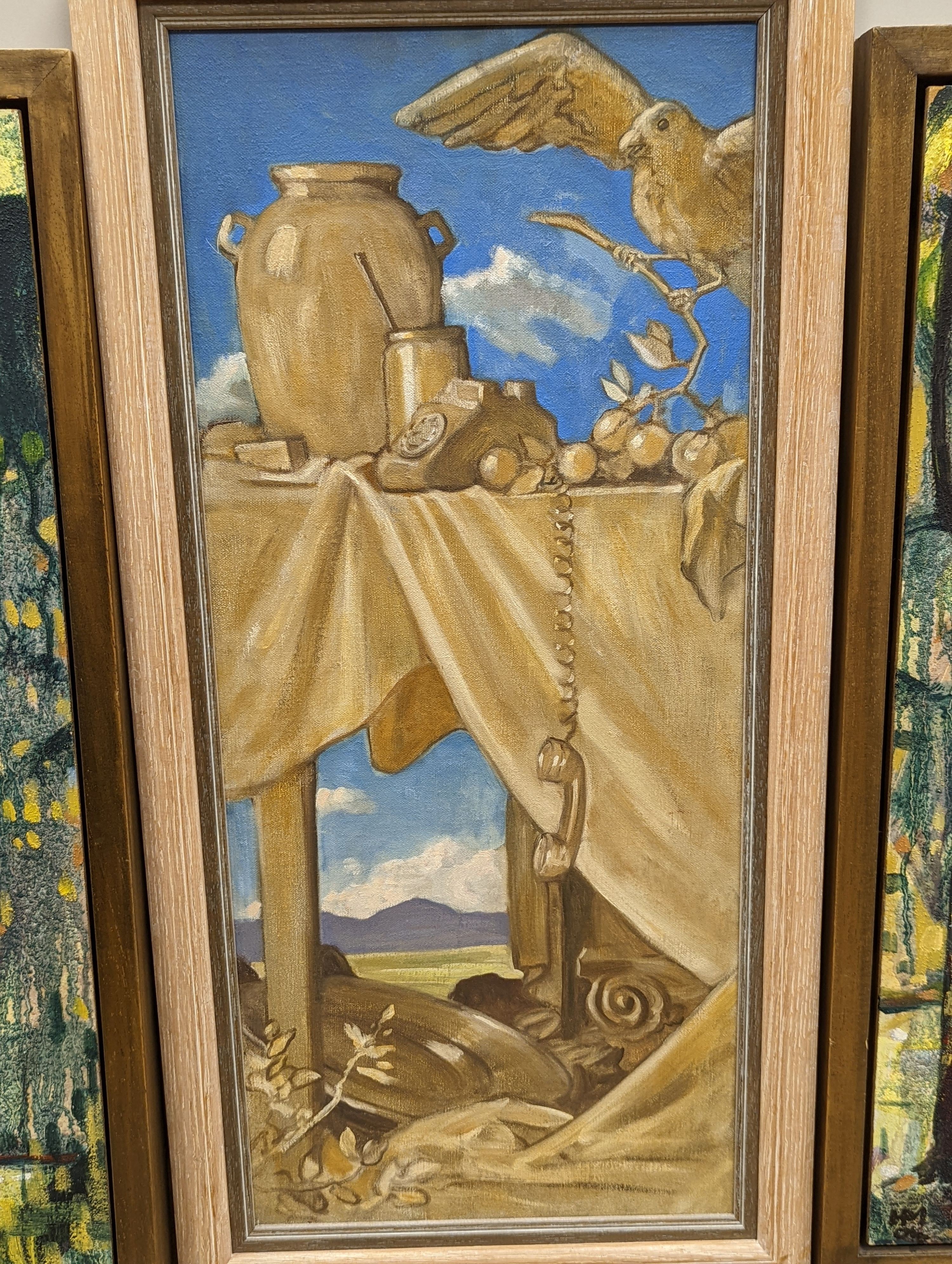 Hazel Morris, pair of oils on board, 'Listen', initialled and dated '04, 61 x 30cm and an unsigned oil on canvas, 62 x 27cm